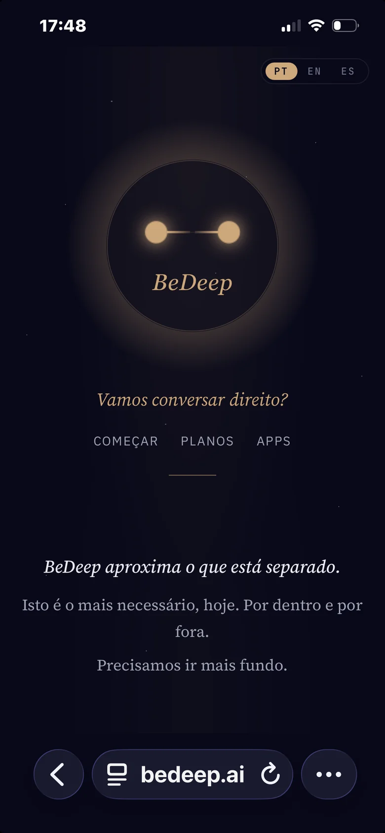 A página inicial do BeDeep