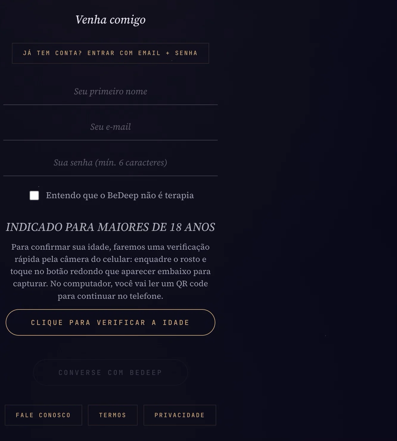 O aviso “não é terapia” e a idade mínima no cadastro