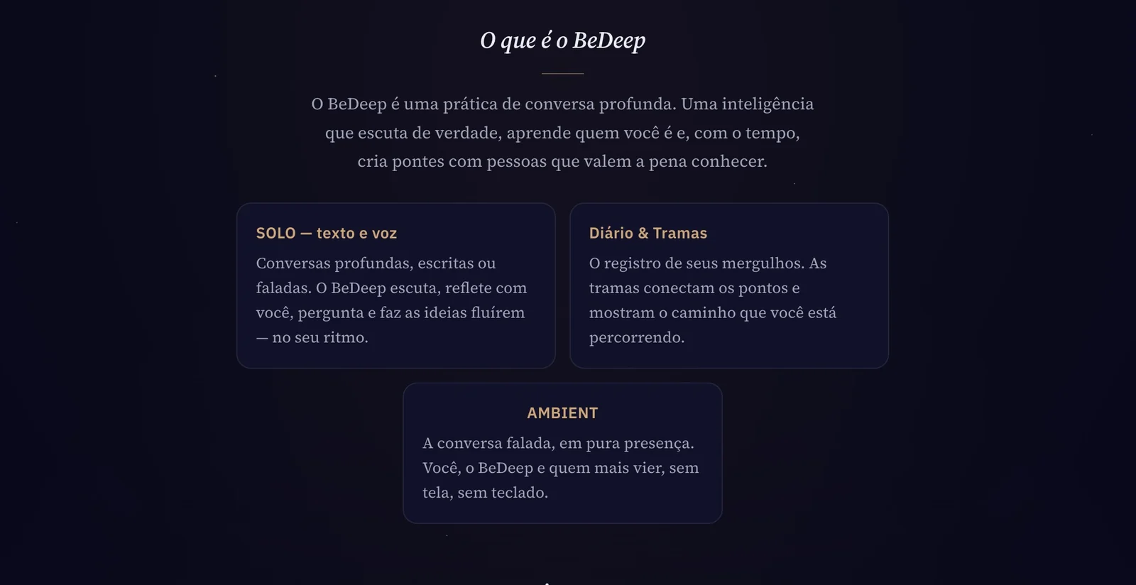 As partes do BeDeep na página inicial