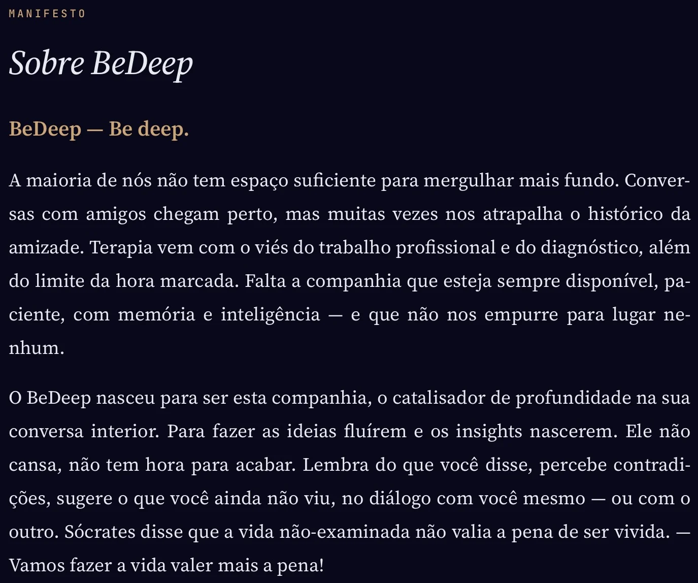 A página Sobre BeDeep