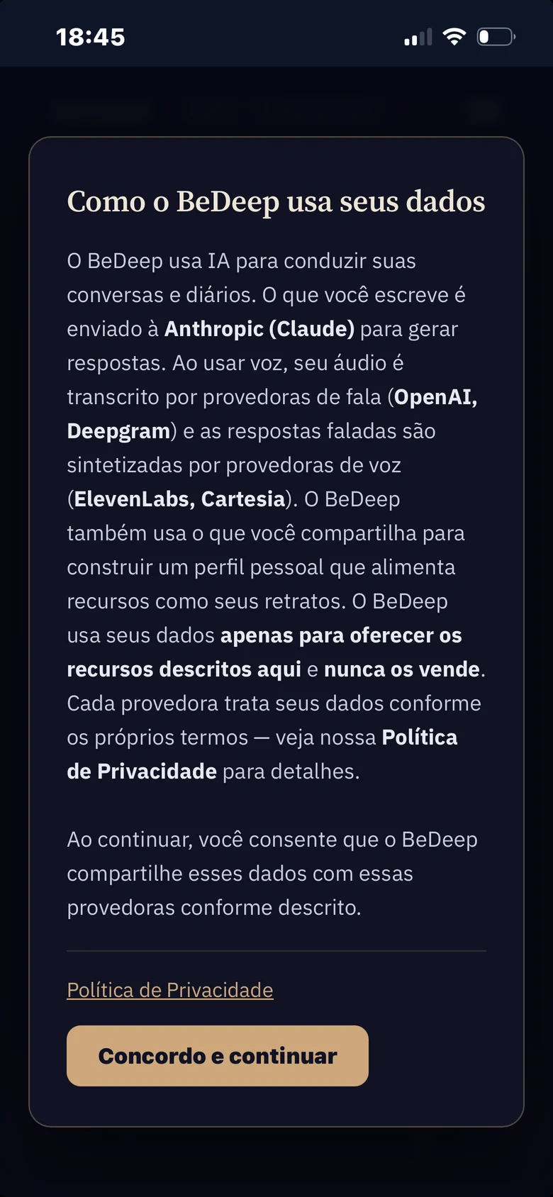 O aviso "Como o BeDeep usa seus dados"