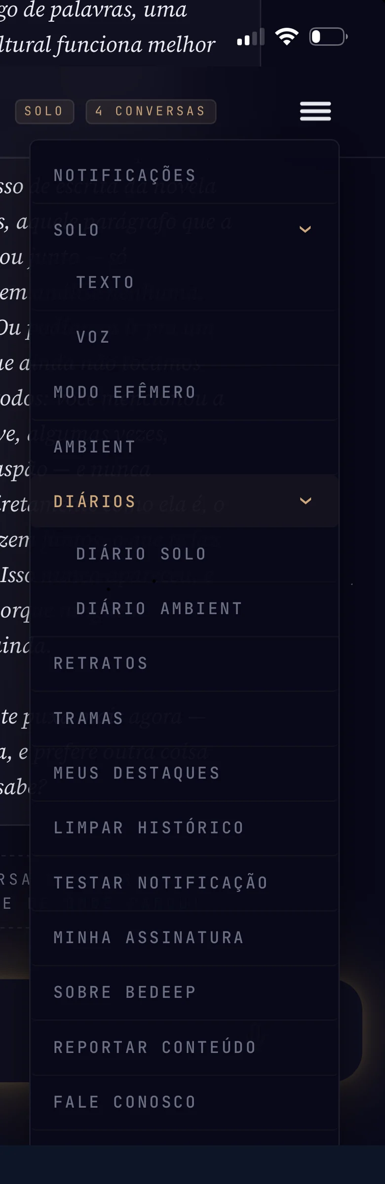 O menu da conversa