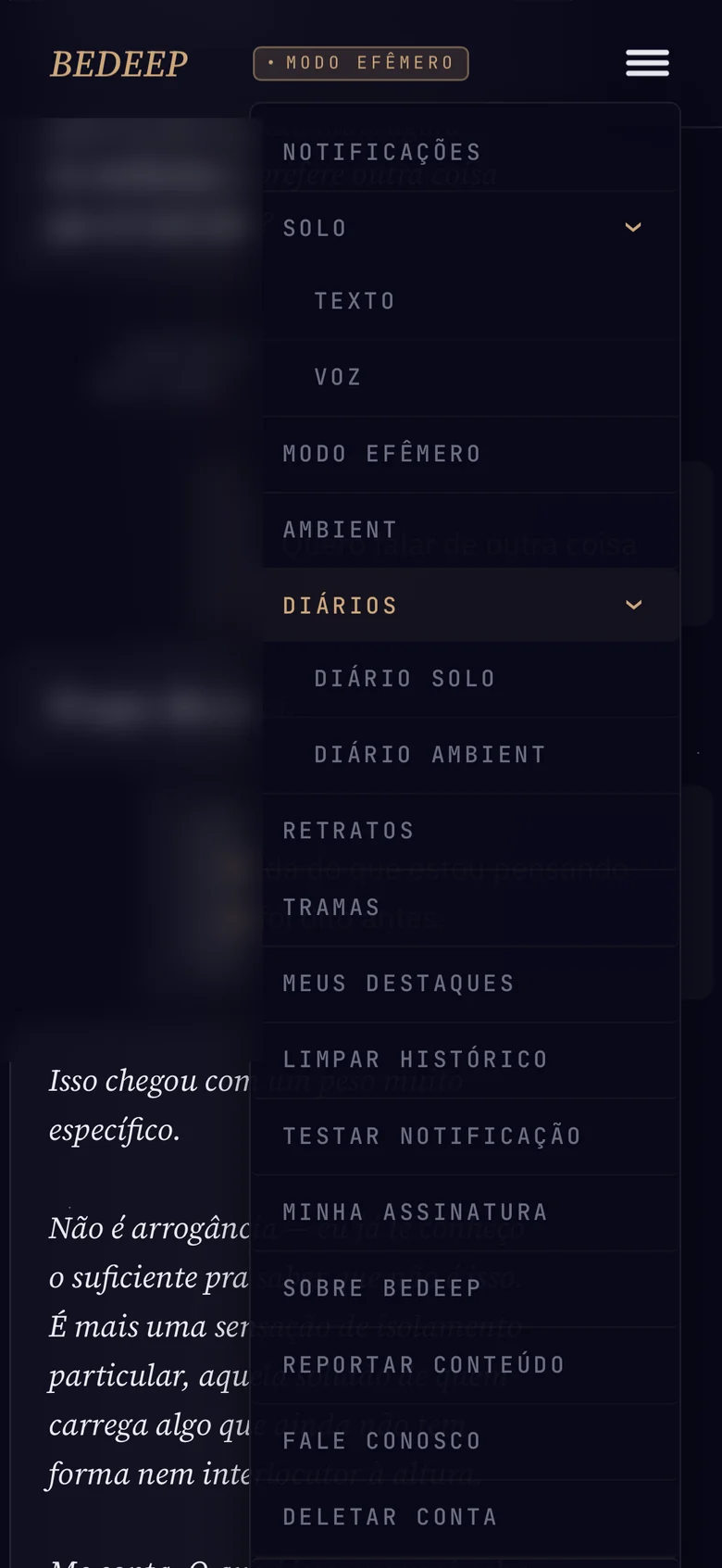O menu com os modos de conversa