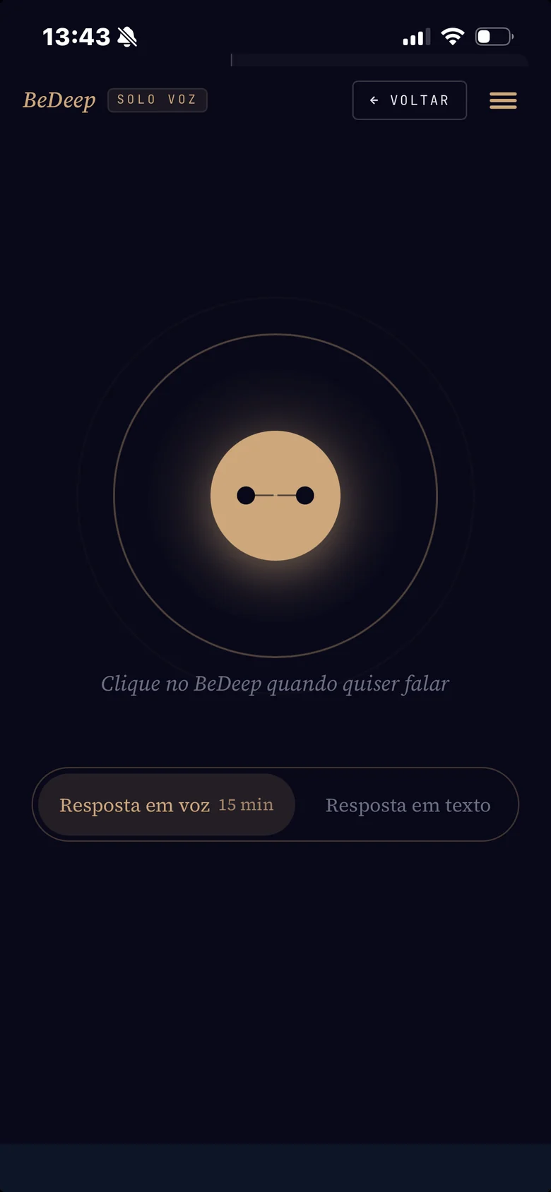 A tela de voz do SOLO Voz