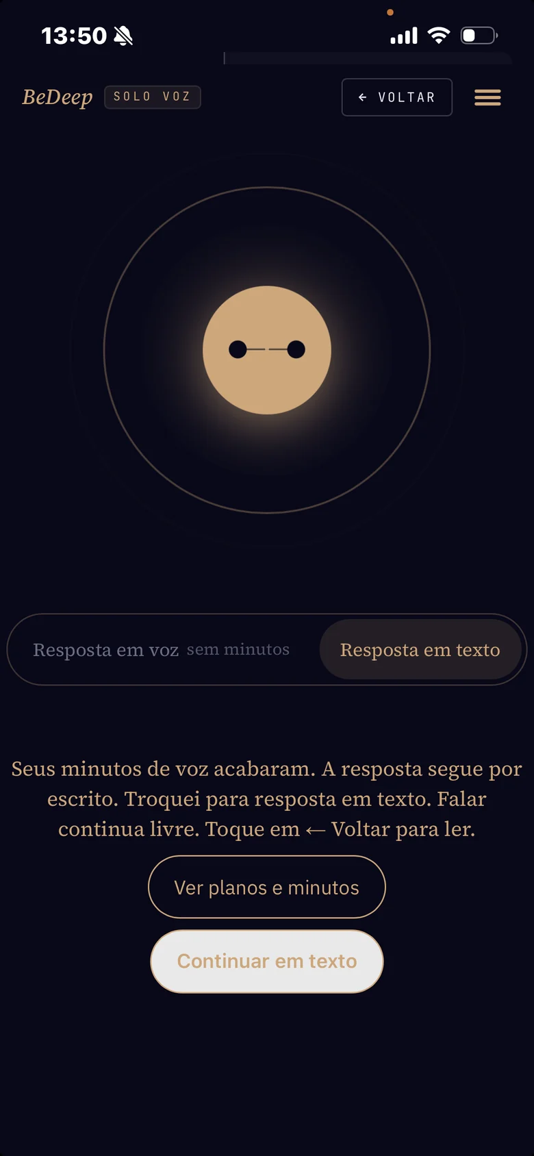 Aviso de minutos esgotados no SOLO Voz