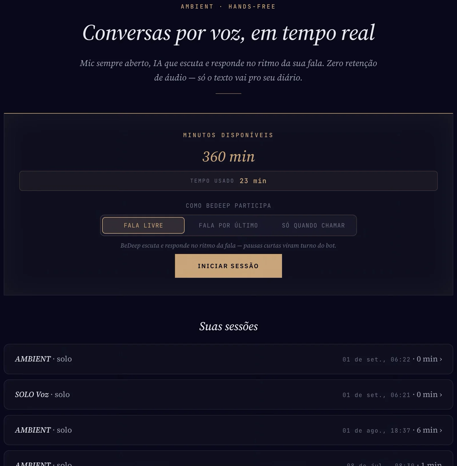 A tela do AMBIENT antes de começar