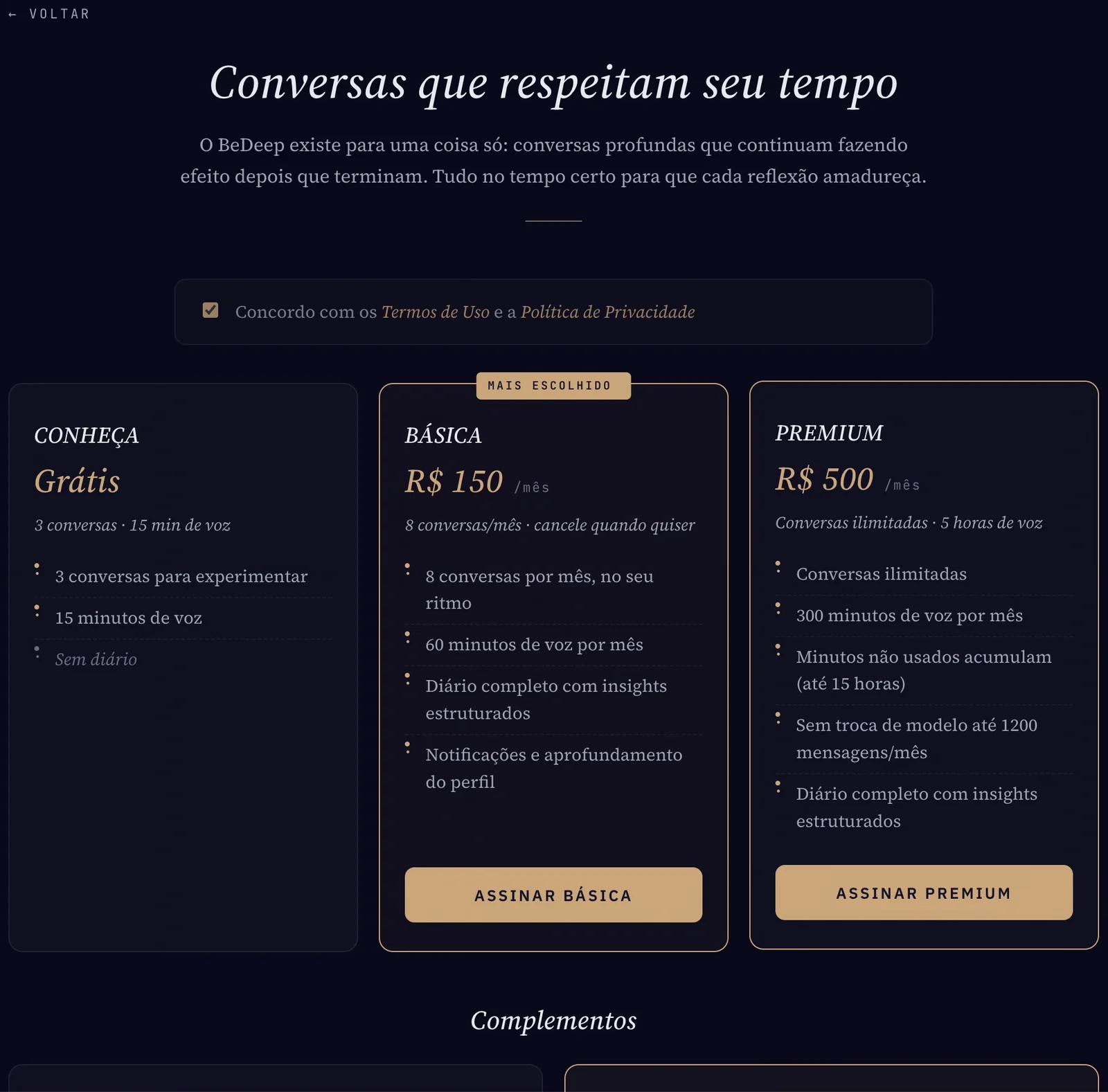 A página de planos no site