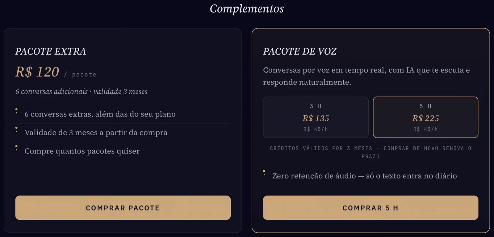 Complementos no site: Pacote Extra e Pacote de Voz