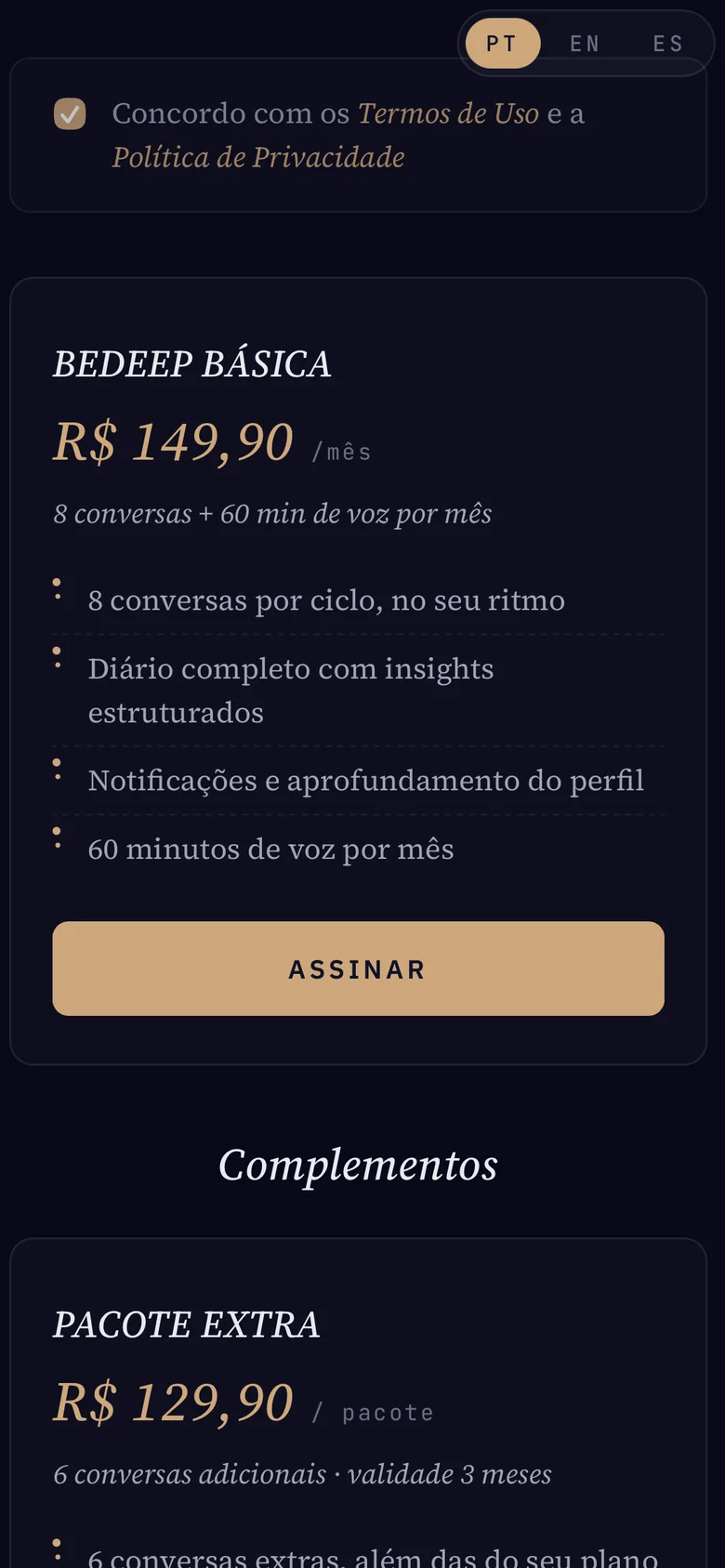 Planos e minutos no app do iPhone