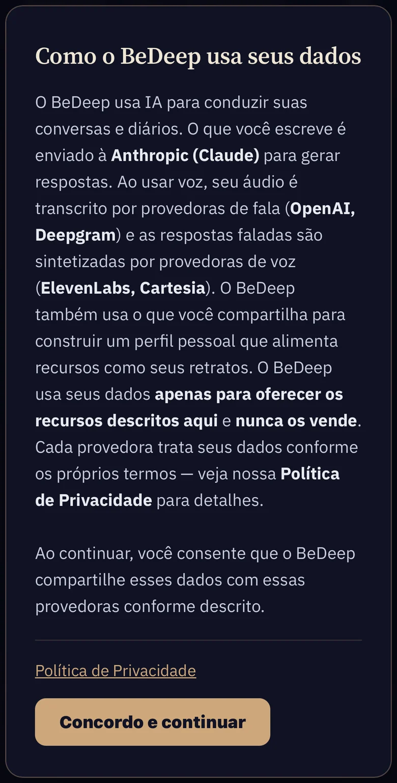 A tela “Como o BeDeep usa seus dados”