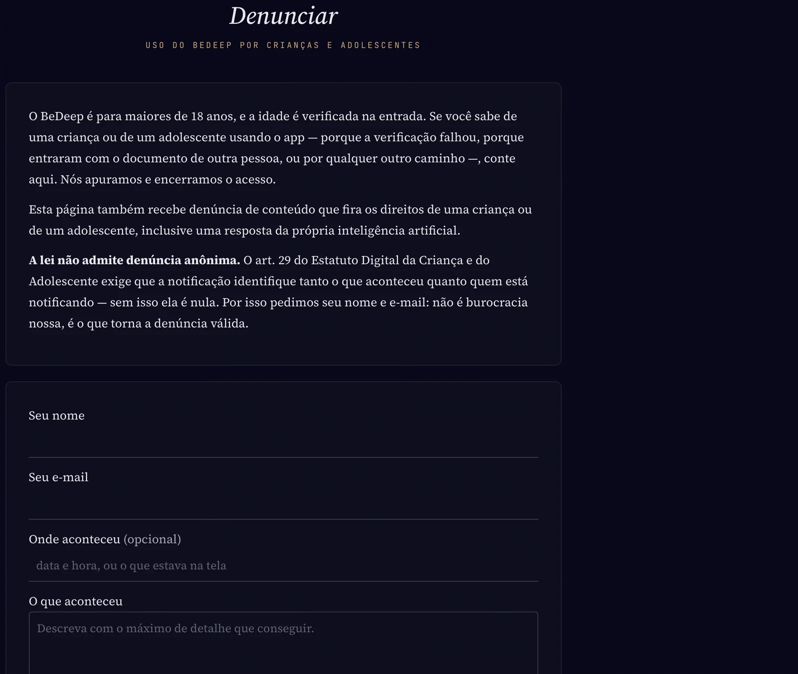 A página de denúncia