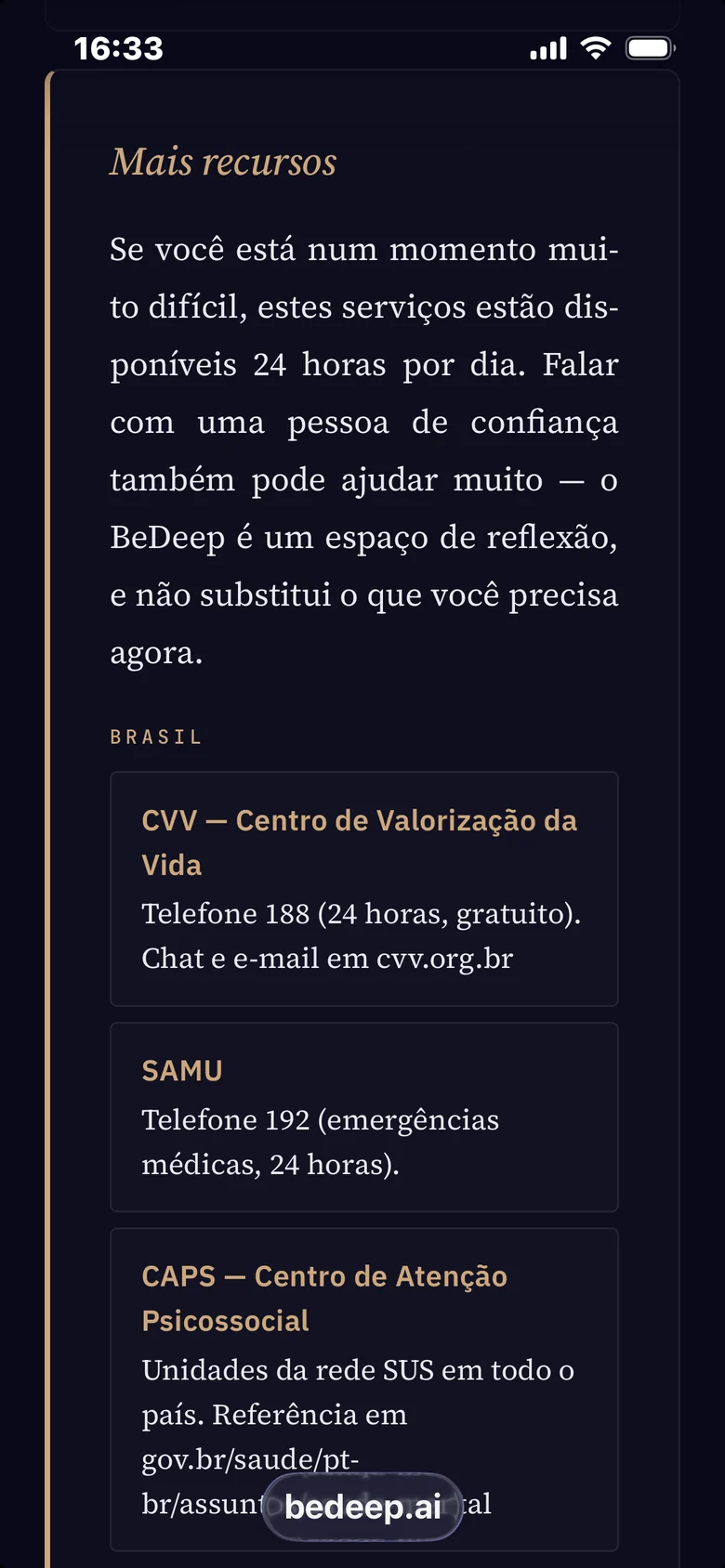 Contatos de apoio 24 horas