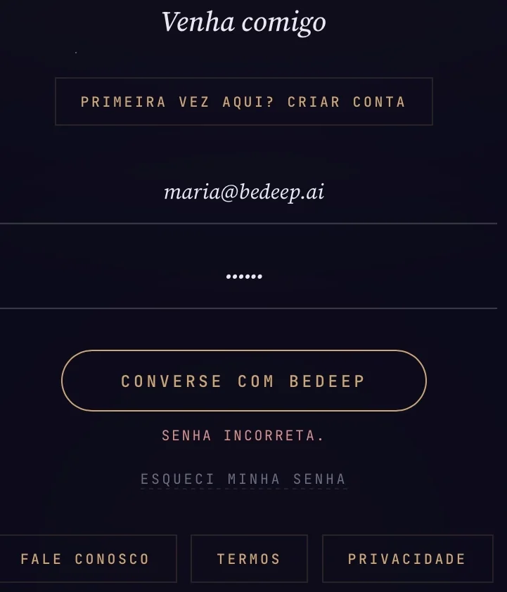 Senha incorreta e o link "Esqueci minha senha"