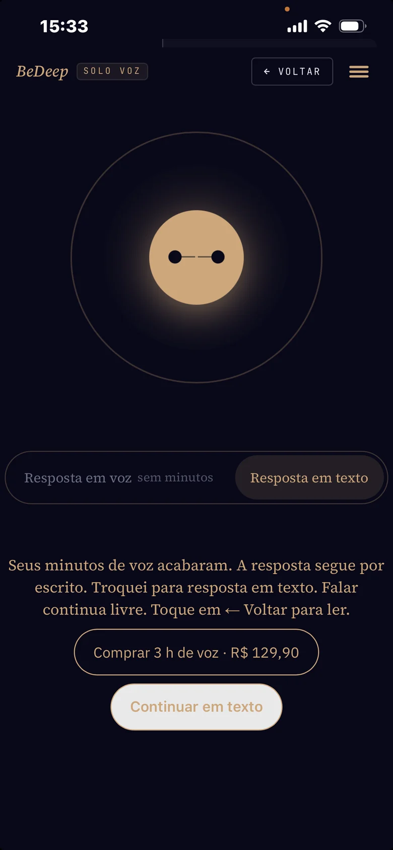 Minutos de voz esgotados no modo de voz