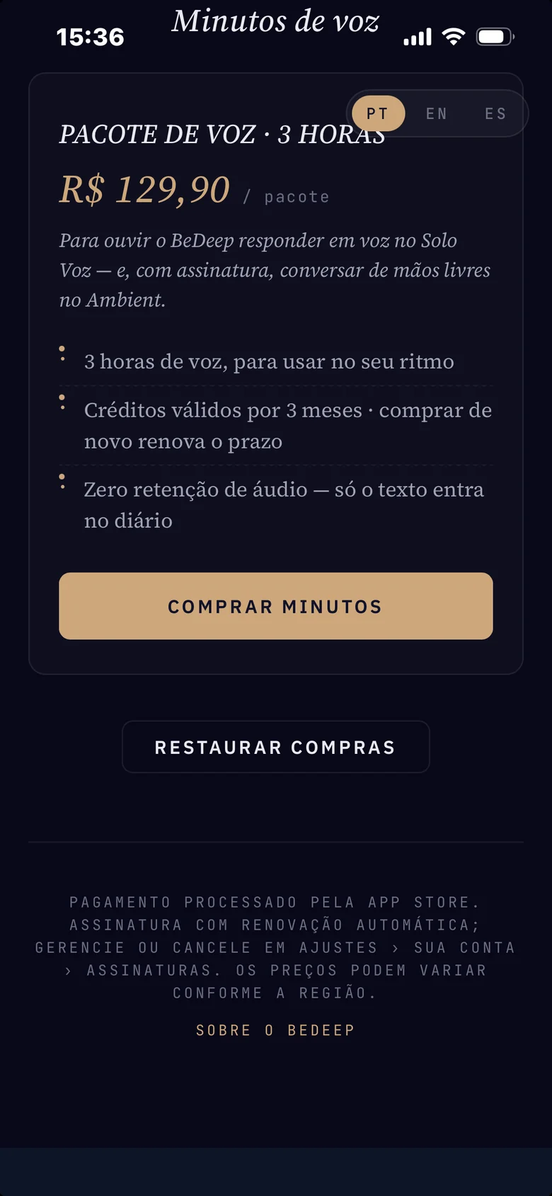 Assinar no app do iPhone: Termos e "Restaurar compras" (b)